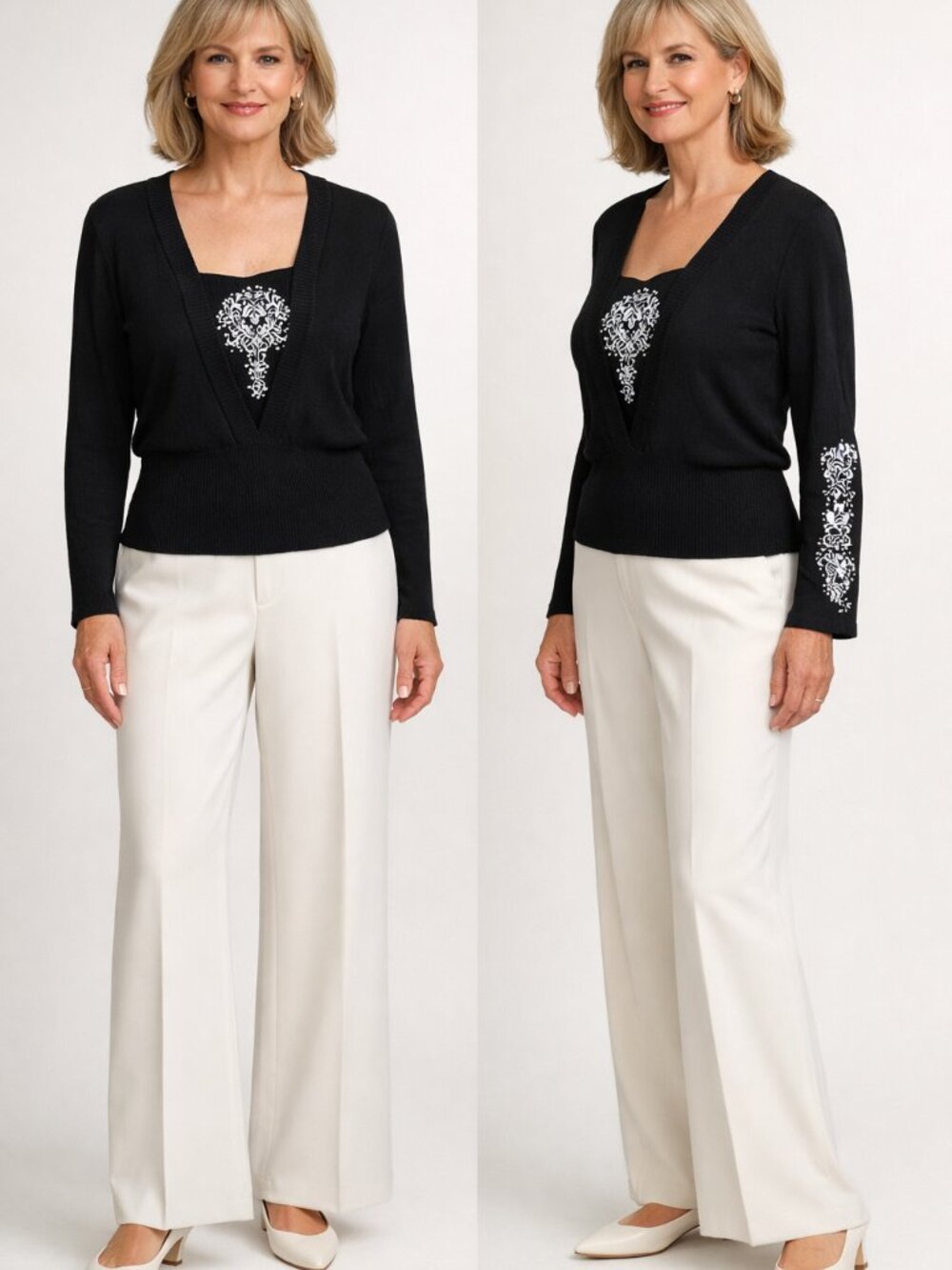 ninety Black Embroidered and Beaded 3/4 Length Bell Sleeve Top Size L Petite